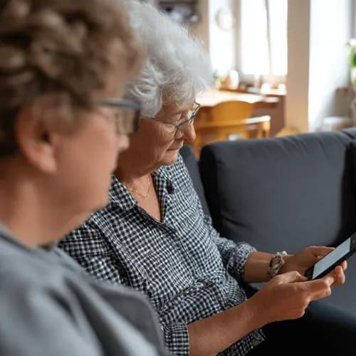 Socialtjänstlagen och det digitala lärandet symboliseras av två äldre kvinnor som hjälper varandra med telefonerna. 