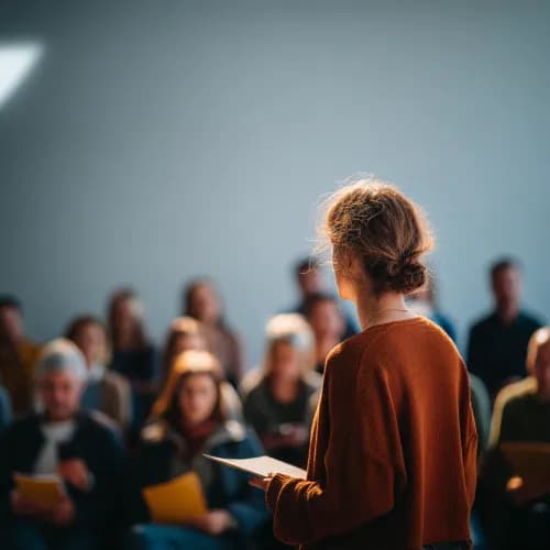 Person står framför en publik och håller kurs.