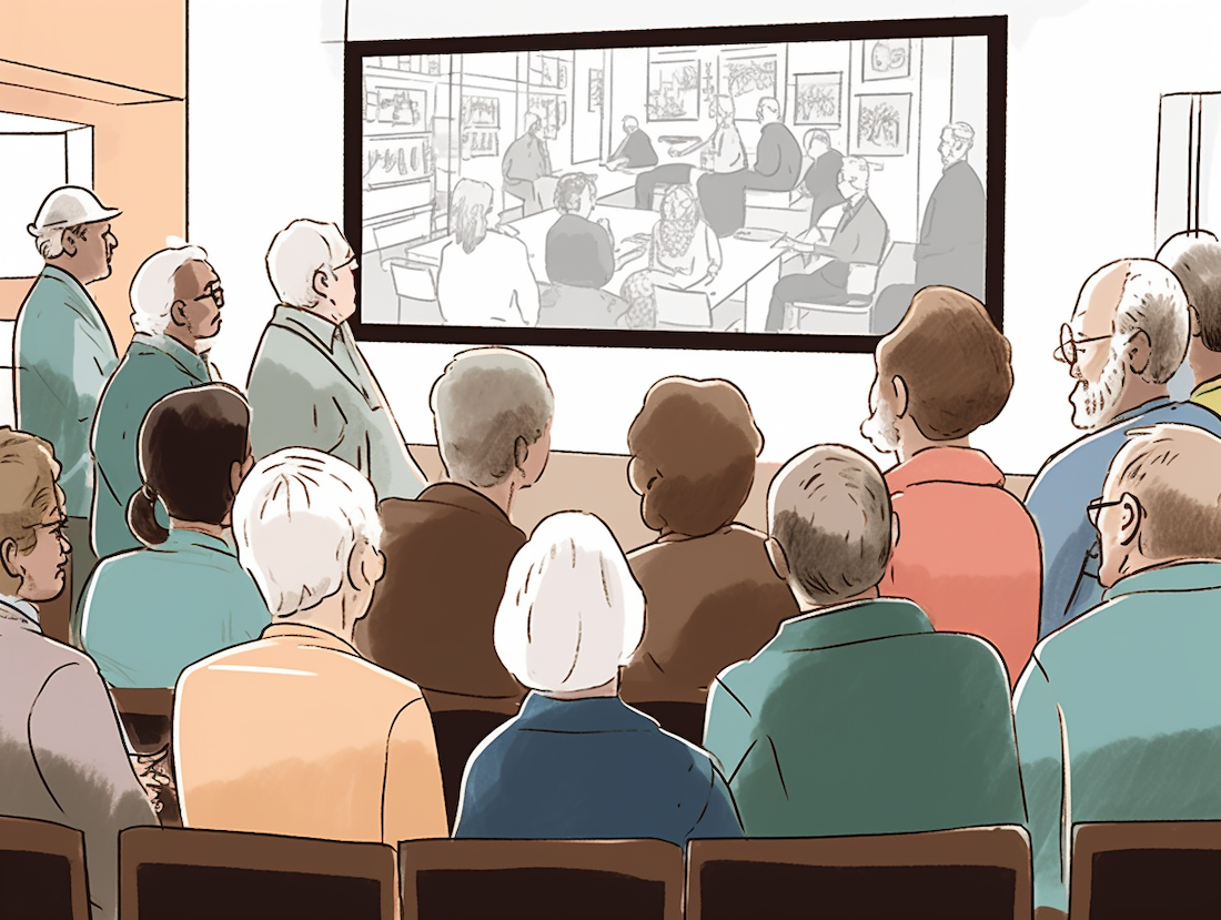 En bild av personer som sitter i en sal och tittar på en projicering av ett videomöte